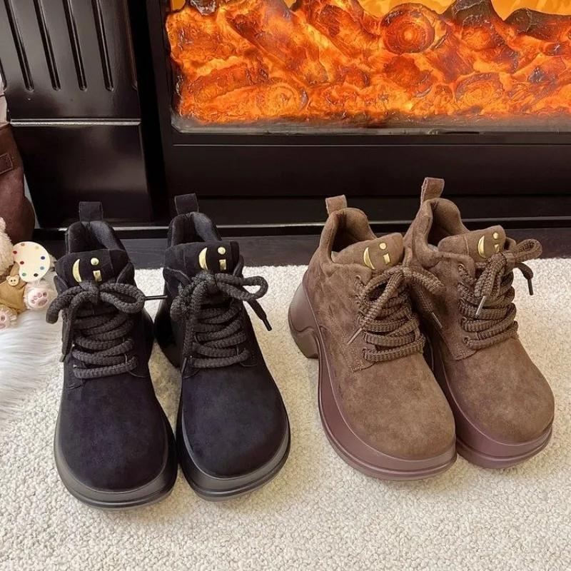 Fashion Retro New Women's 2025 Round Toe Suede Front Lace-Up Casual Platform Non-Slip High-Top Single Shoes