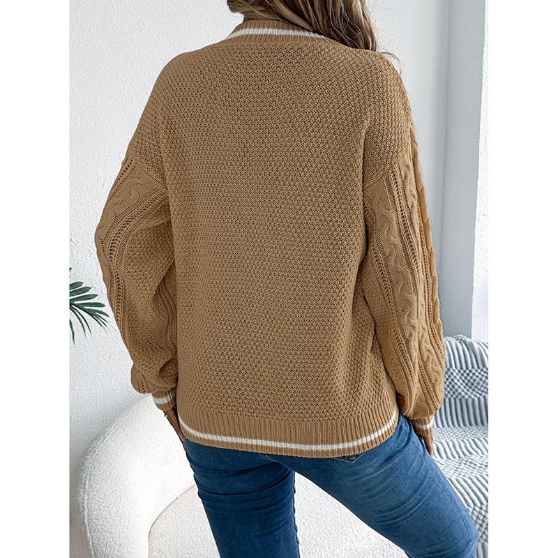 Women's Sweater Fashion Style Casual Autumn Winter New Color Blocking V-Neck Fried Dough Twist Lantern Long Sleeved Sweater