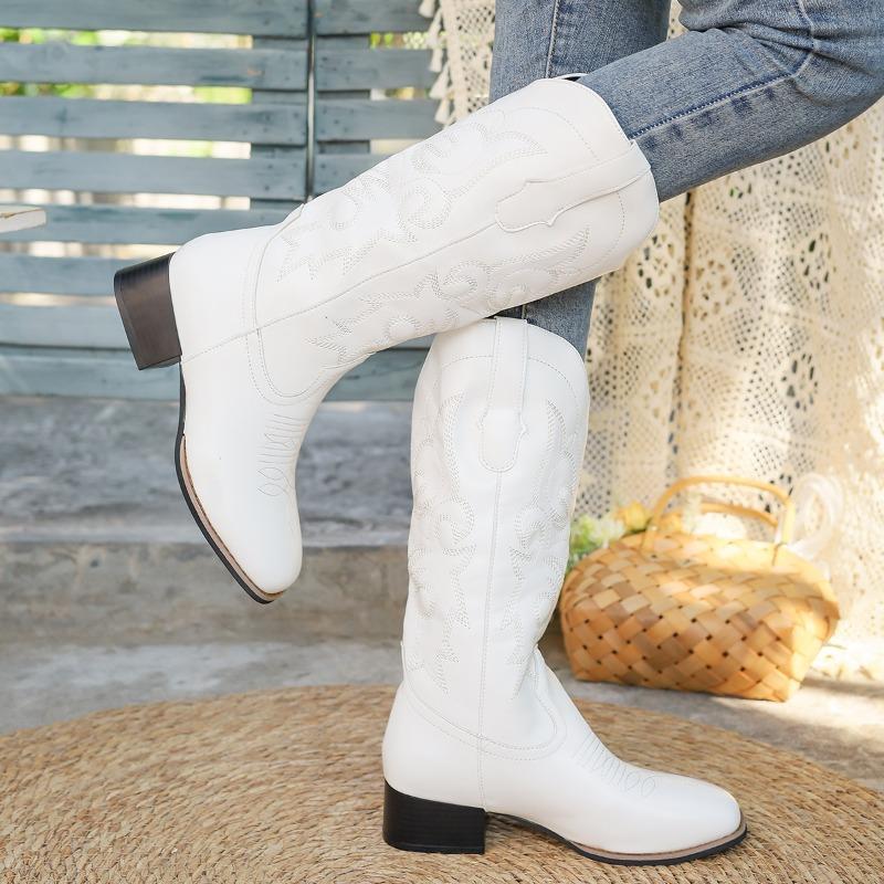 New thick heel y western cowboy boots embroidered sleeve retro tall large size riding boots women