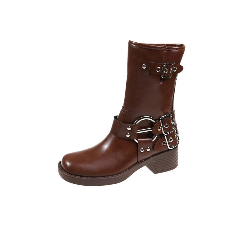 Knight Boots Women's 2025 Autumn and Winter New Square Head Brown Medium Tube Martin Spice Girl Retro Thick Heel Western Cowboy Boots