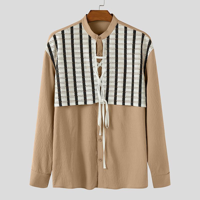 

INCERUN Men Spring Lapel Neck Long Sleeve Patchwork Striped Casual Oversized Shirts M хаки