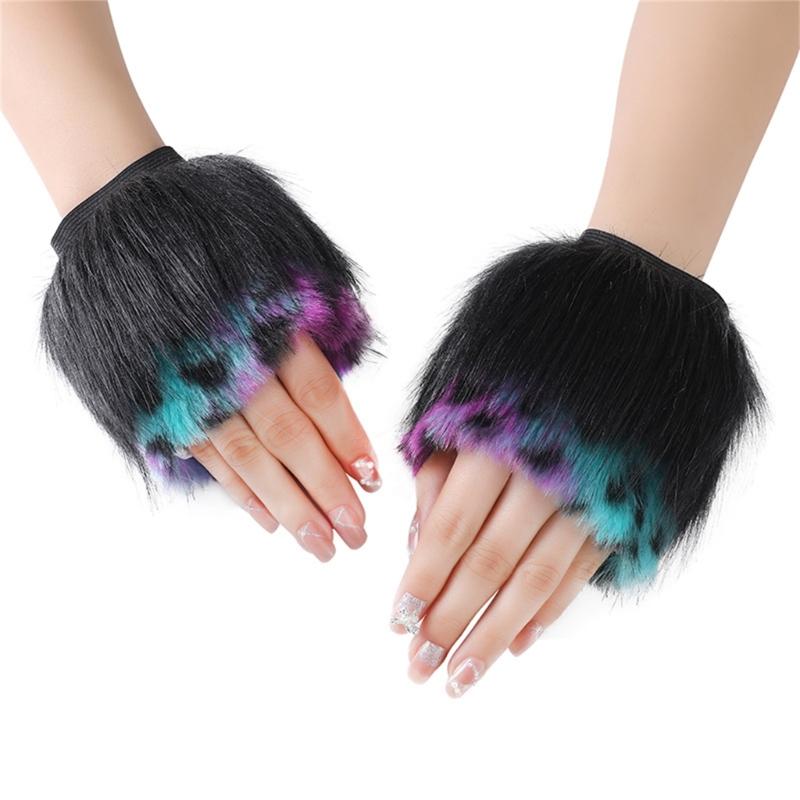 Fingerless Rainbow Fleece Gloves For Winter Soft Plush Warmth Unisex Design Colorful Bear Cosplay