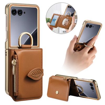 Luxury Zipper Leaf Magnetic Ring Holder Mirror Cards Solt Leather Phone Case For Motorola Razr 60 50 Ultra Shockproof Cover