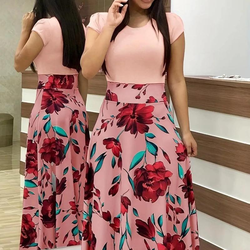 2024 European and American style flower print color matching short sleeved dress for women's large swing skirt