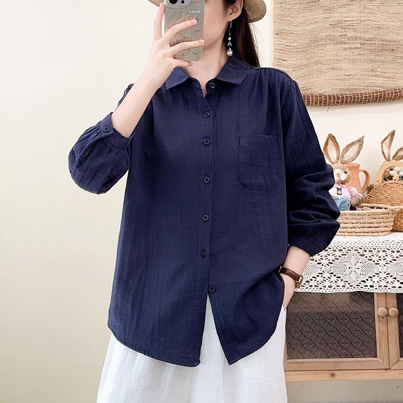 Literary and casual style double-layer cotton yarn pure cotton shirt spring and autumn new Japanese simple retro versatile long-sleeved shirt women