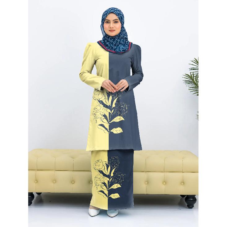 Fashion traditional clothing purple imitation lace print rendering floral Kurang Pahang ladies Muslim suit comfortable and elegant ladies two piece