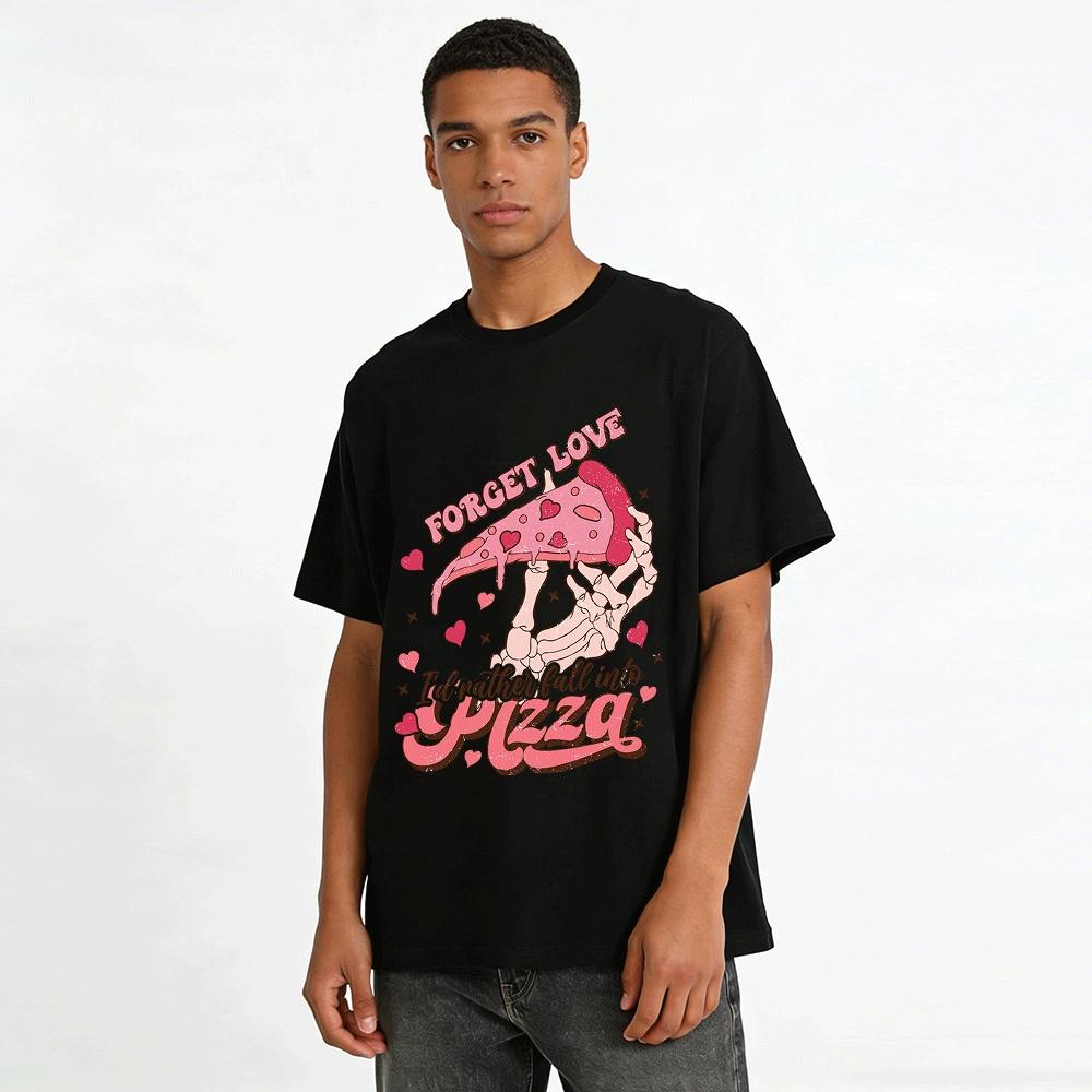Vergiss die Liebe Fall in Pizza Skelett Print Lässiges T-Shirt Reines Baumwoll-T-Shirt