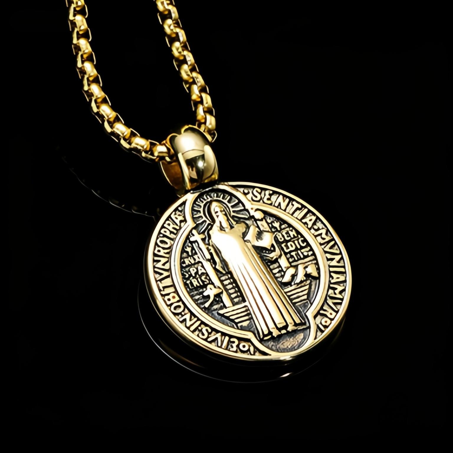 Retro Style Saint Benedict Medal Pendant Necklace, Alloy Round Double-Sided Design Religious Jewelry for Men золотой