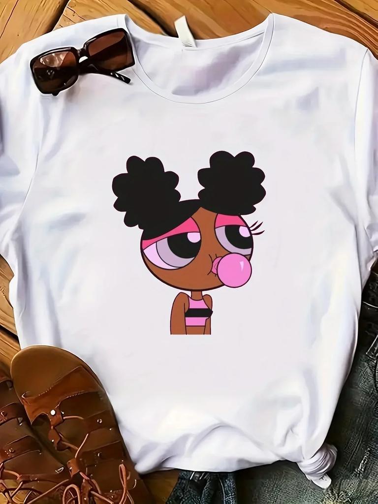T-shirt z nadrukiem kreskówkowym, casualowy top z krótkim rękawem na wiosnę i lato, odzież damska