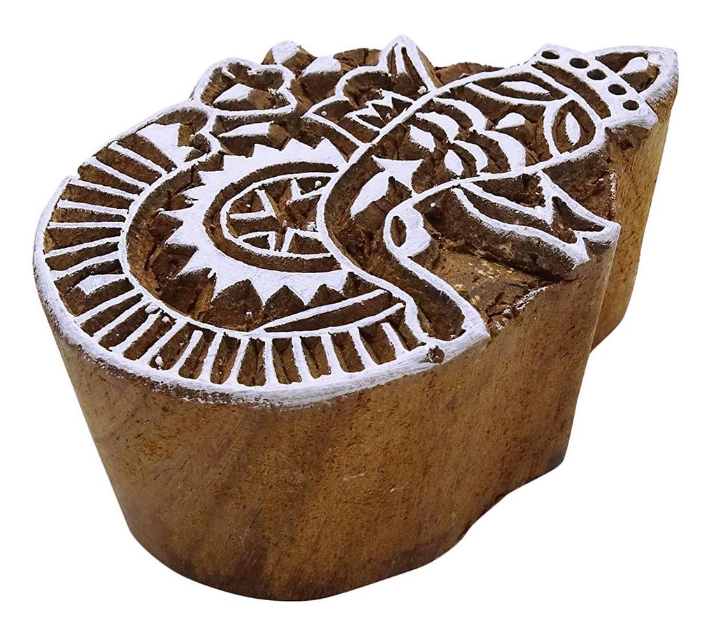 Hand Carved Print On Apparel Sari Border Stamp Lord Ganesha Design Wooden