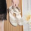 Close Head Square Heels Cutout Breathable Rhinestone Shoes Summer 2025 Soft Leather Sandals Women for Office Daily Mom