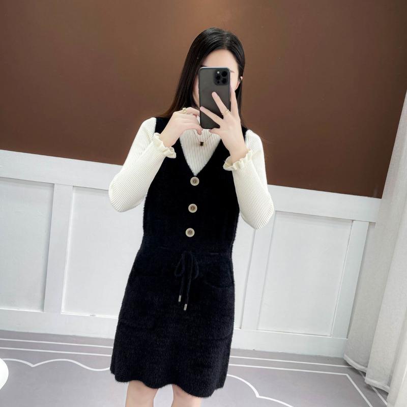 Faux Mink Knitted Waistcoat Spring and Autumn Mohair V-neck Vest Knitting Versatile Sleeveless Mid-length Casual Women's Dress