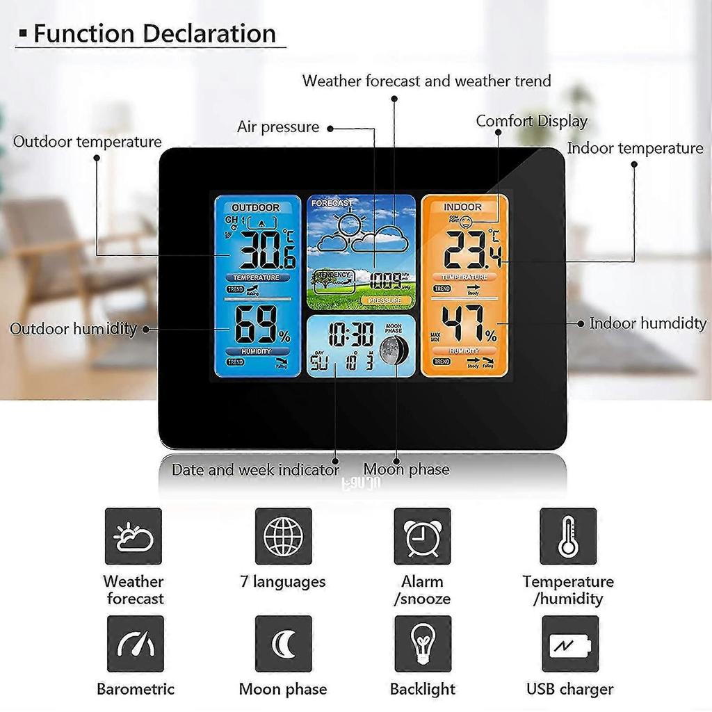 Digital Color Forecast Weather Station,clock With Outdoor Sensor With Alert,temperature,humidity(black)