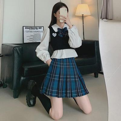 Jupe plissée taille haute à carreaux JK - Bleu, grande taille, uniforme étudiant de style universitaire japonais traditionnel.