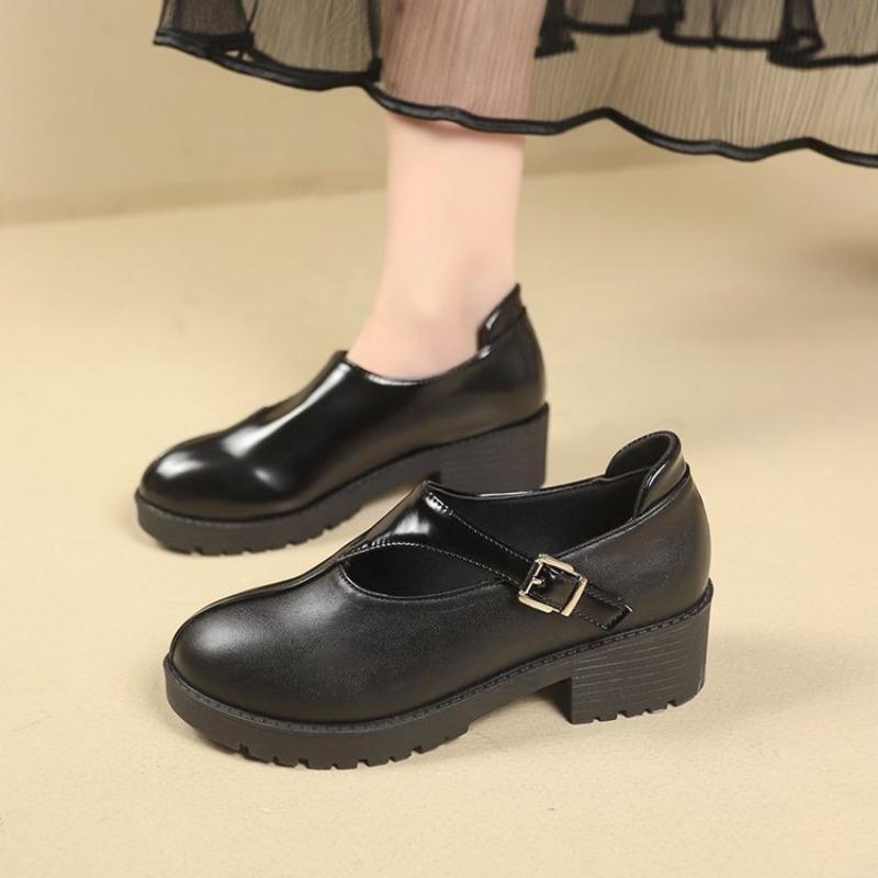 Women's Fashion Single Shoes Spring New Round Head Splicing Shallow Mouth Thick Sole Anti-slip Wear-resistant High Heels