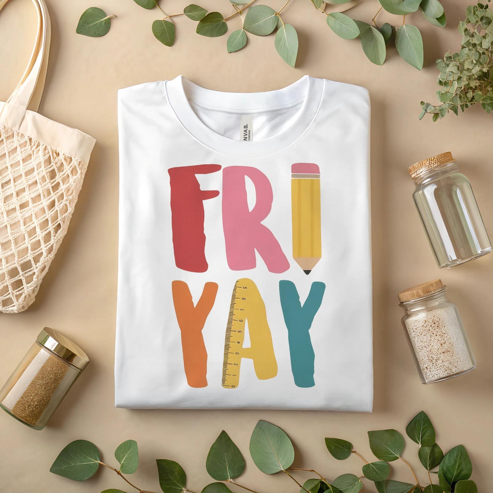 FRI YAY Teacher T-Shirt Colorful Pencil Ruler Graphic Tee for Educators & A84 S
