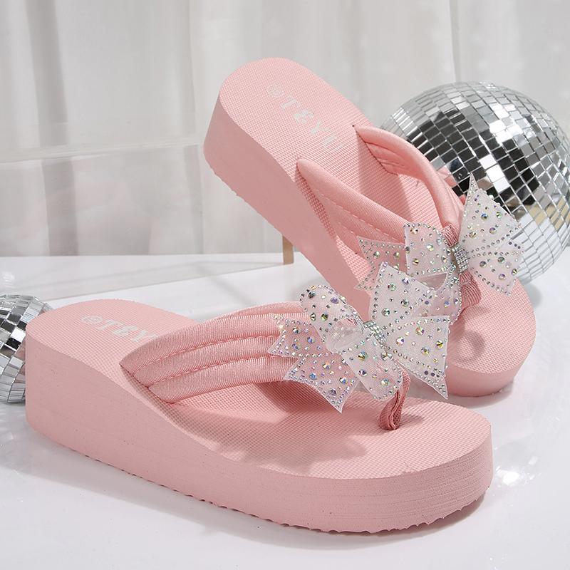 Fashion Crystals Bowknot Pink Flip Flops Women 2025 Summer Lightweight Wedge Heels Slippers Woman Clip Toe Eva Thick Sole Sandals Female