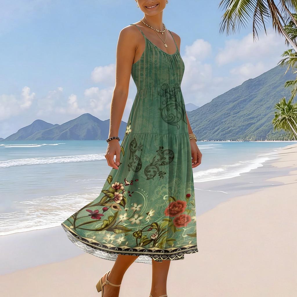 Damska Sukienka Midi w Stylu Boho z Kwiatowym Wzorem, Regulowanym Ramiączkiem, Bez Rękawów i Kieszeniami, na Co Dzień, Plażę, Wakacje