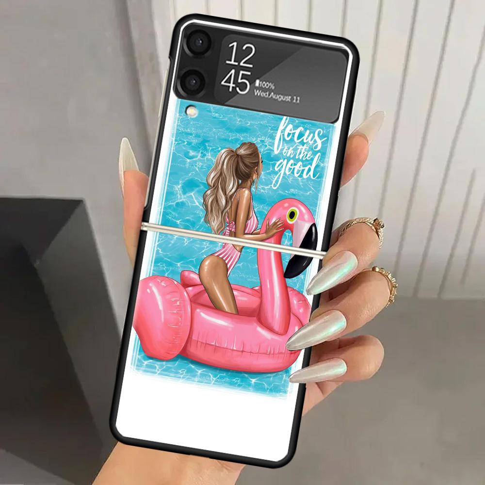 Girl Flamingo Summer Beach Hard PC Phone Case For Samsung Galaxy Z Flip 6 5 4 3 Black Cover ZFlip6 Flip5 Flip4 5G Foldable Print