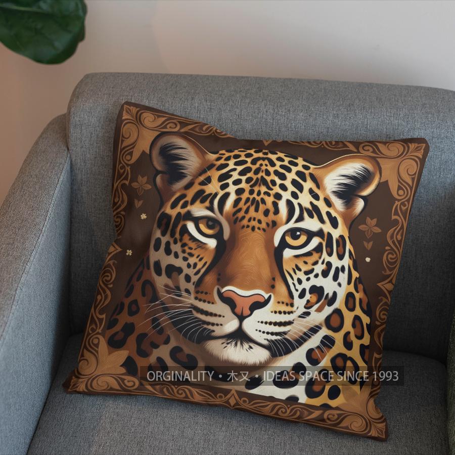 2D Exotic Leopard Head Pillowcase With Ornate Design Pattern Cushion Cover Suitable For Sofa Bedroom Car Pillow Cover