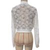 Elegant Ladies Midriff-Baring Jacquard Lace See-Through Zip Jacket Coat