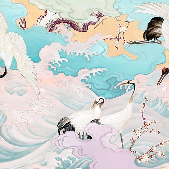 Japanese Bird and Crane Pattern Style Broadcloth Fabric for Made in Size 23C 110cm x nora.KM1040-BR-C Ukiyo-e Crafts, Cotton, Japan, Pre-Cut, (Light
