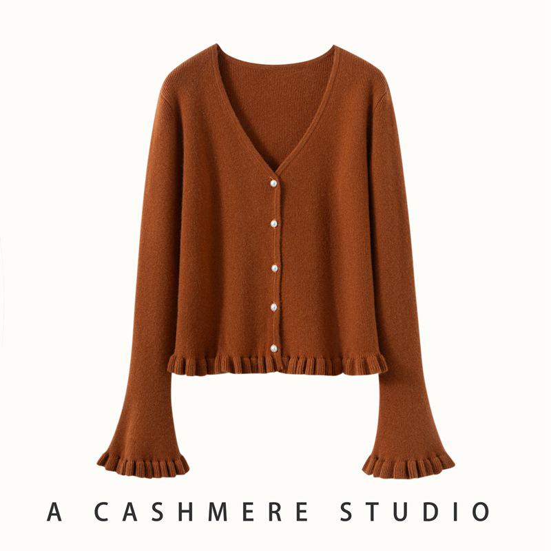 

Женский кашемировый кардиган с V-образным вырезом, оборками и рукавами-колокольчиками - Мягкий вязаный свитер свободного кроя Large