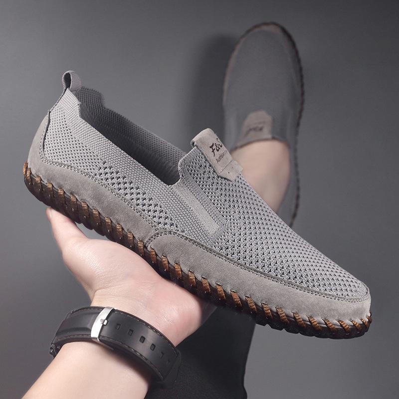 Spring and Summer New Driving Fashionable Shoes Lazy Fly Woven Mesh Casual Shoes Men's Genuine Leather Shoes