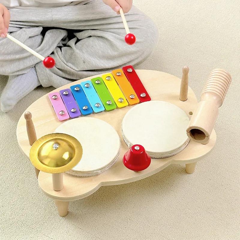 Wooden Music Table Toys for Baby Kids Xylophone Drum Shaker Set Montessori Sensory Educational Toy for 6-18 Months Newborn Gift