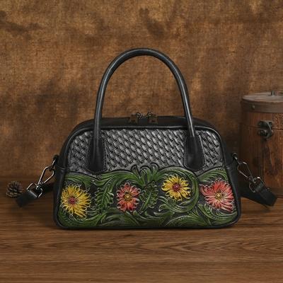 Torba damska w stylu etnicznym z prawdziwej skóry, retro, ręcznie robiona, z rzeźbieniami w skórze, na ramię, crossbody