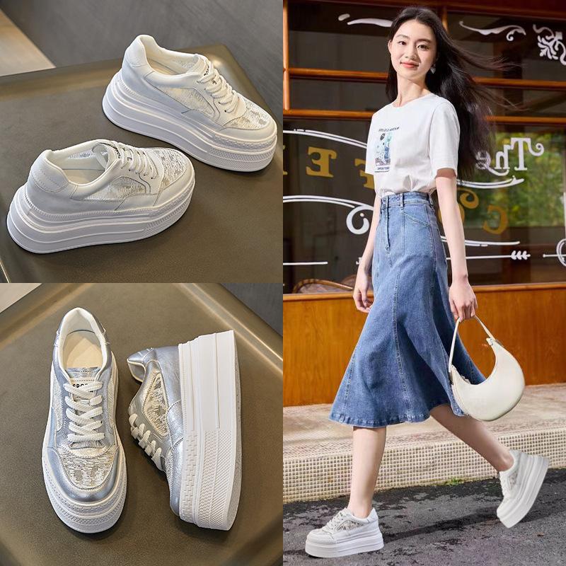 Thick-soled Leather Little White Shoes Women's 2025 Spring and Summer New Mesh Lightweight Inner Height Increase Casual Board Shoes 8cm Women's Si