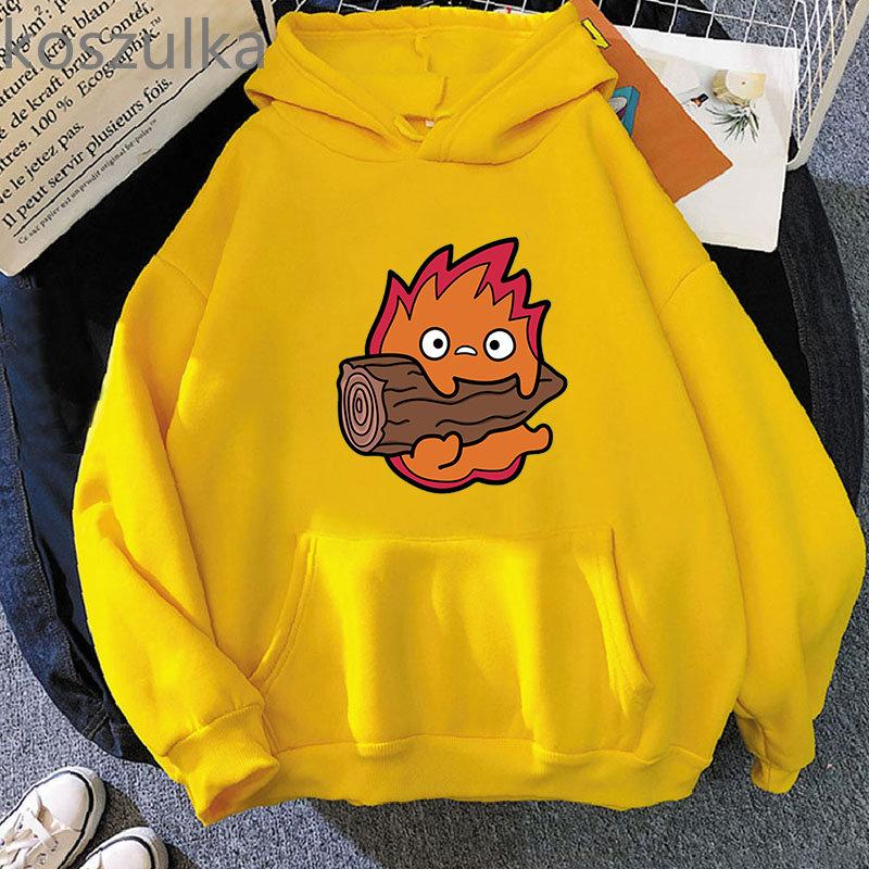 Howl's Moving Castle Calcifer Hettegensere Løs Fleece Hettegenser Tegneserie Calcifer Vintage Pullovers Gensere Vinter Dame Streetwear