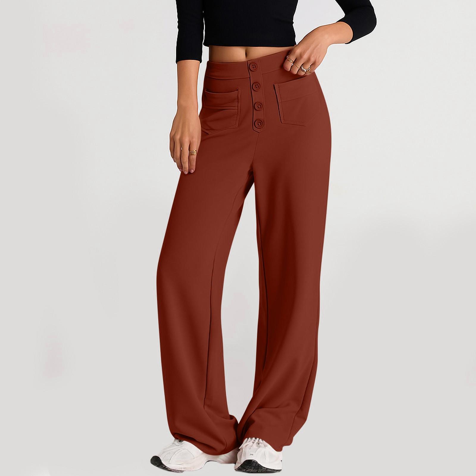 

Women s Fashionable Solid Color Straight Leg Pants With High Waist Button Pockets And Elastic Waist Casual Pants L коричневый