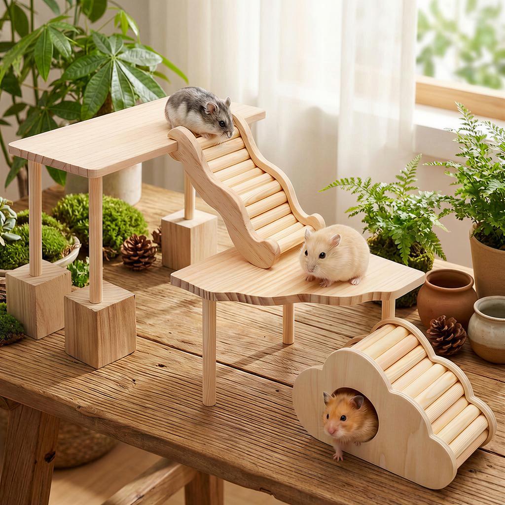 4 Pcs Hamster Platform Ladder Hideout Wood Playhouse Hamster Game Climbing Toy for Small Pet Hamster Rat Gerbil Chinchilla Mouse