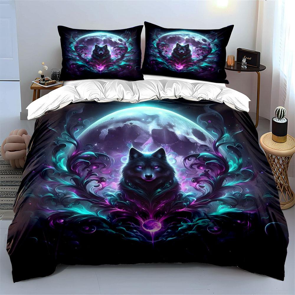 Mystical Wolf and Moon Design Bedding Duvet Cover Set  (1*Duvet Cover 2*Pillowcases, Without Duvet Insert)