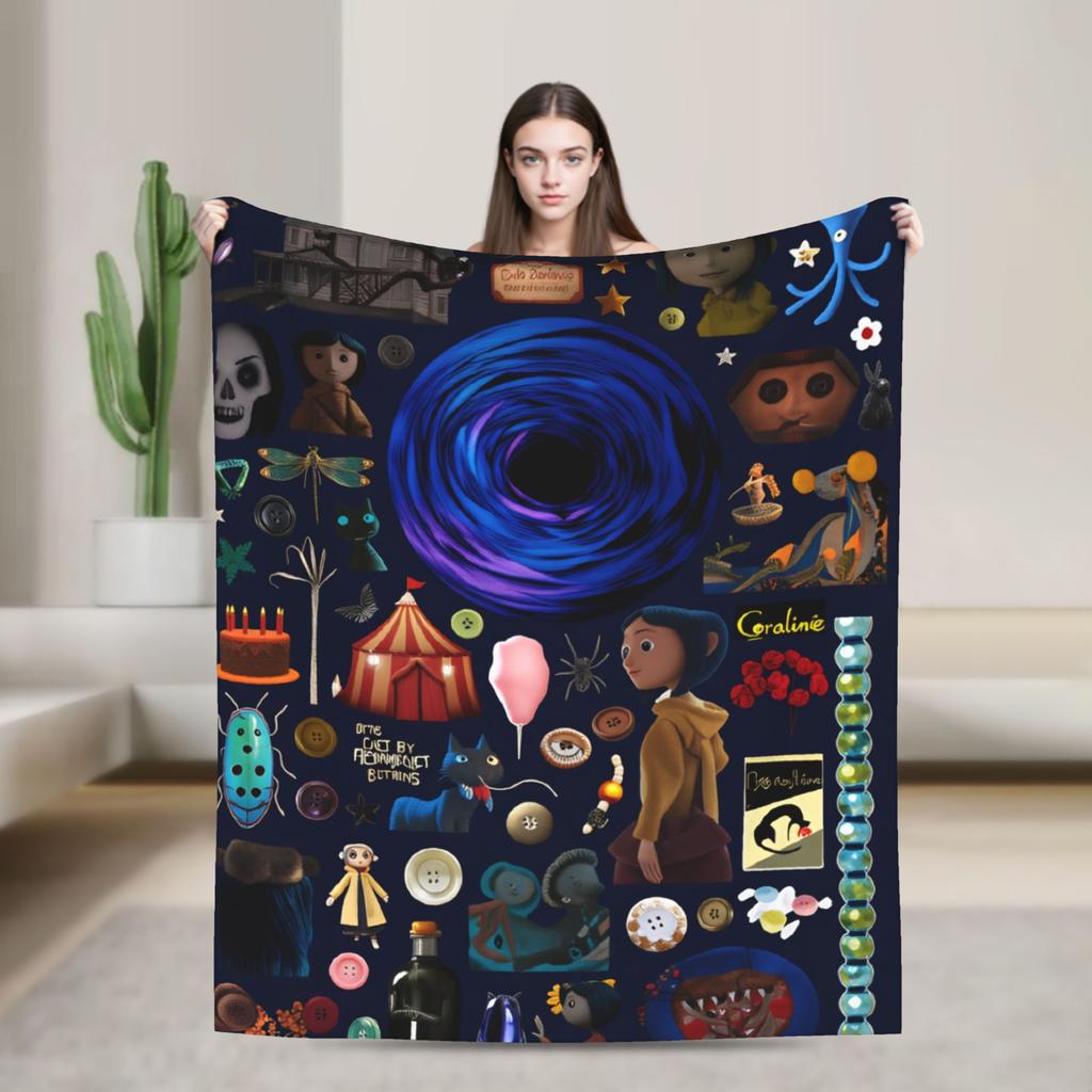 Coralines Animated Movie Blanket  Travel Flannel Throw Blanket For Living Room Warm Soft Custom DIY Quality Bedspread Gift Idea