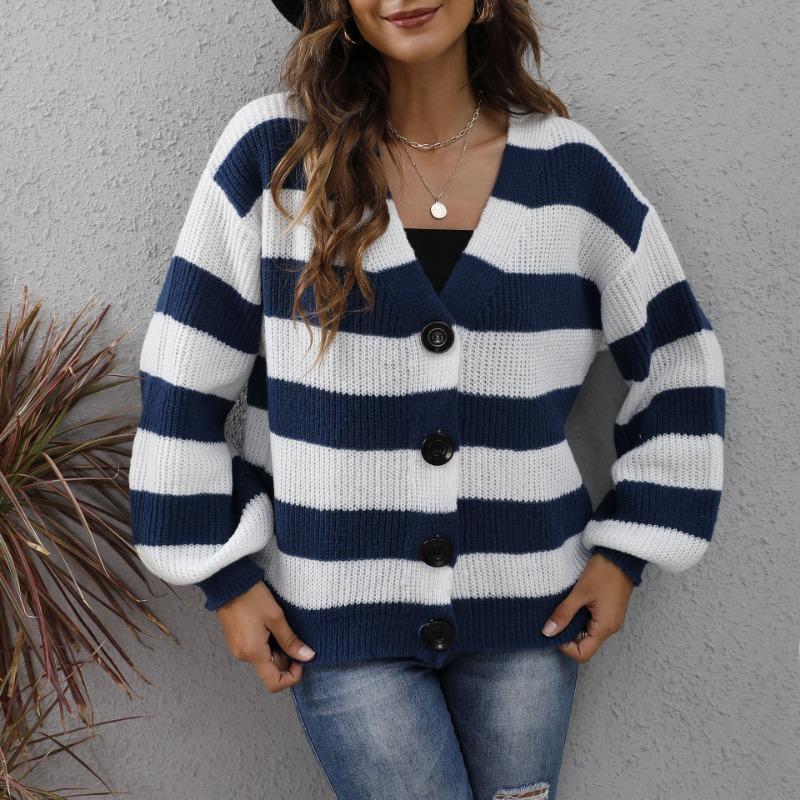 Cardigan de Toamnă/Iarnă pentru Femei, Dungi Contrastante, Nasturi, Patchwork, Pulover Tricotat