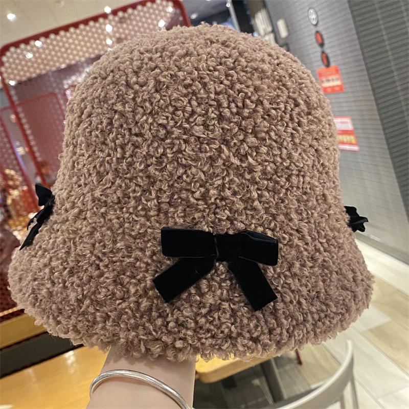 Chapeau de pêcheur en peluche avec nœud pour enfants automne et hiver voyage chaud visage chapeau bob nouveau