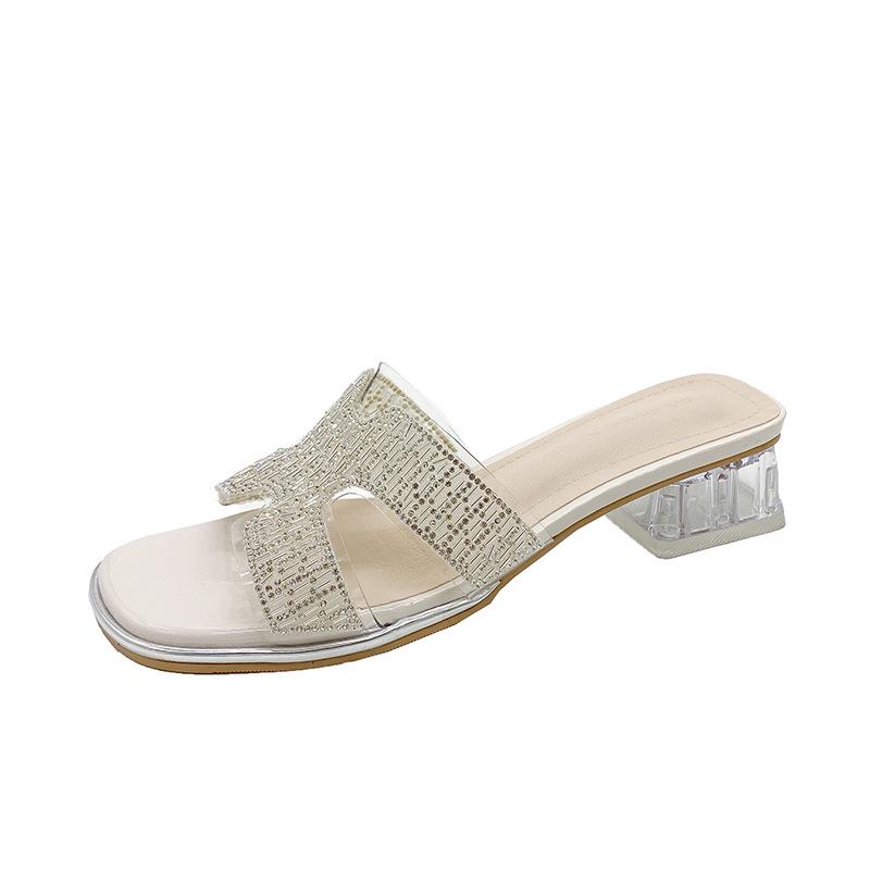 

2025 summer new thick heel slippers women s fashion with diamond middle heel French temperament summer cool slippers women 35