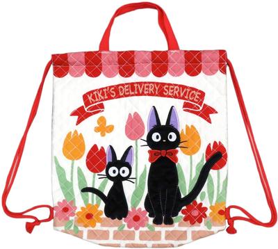 Marushin Gym BagKnapsackDrawstring Bag, Studio Ghibli Kiki's Delivery Service Jiji, for Girls, Jiji and the Tulip Fields,