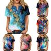 Damen Kurzarm Hemd aus Leinen-Baumwollmischung Henley-Kragen Knopfleiste Tasche Lässiges Sommer Oberteil mit Künstlerischem Abstraktem Print