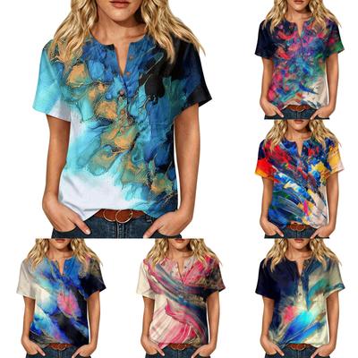 Women's Short Sleeve Linen Cotton Blend Shirt Henley Neck Button Front Pocket Casual Summer Top with Artistic Abstract Print