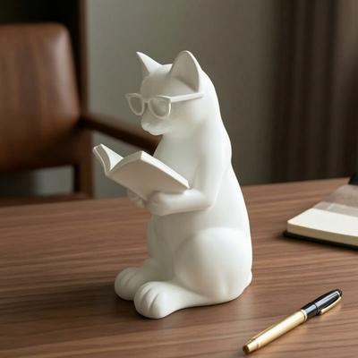 Figurine de Lecture Imprimée en 3D Chat Livre Chat Mignonne Statue de Lecture avec Lunettes