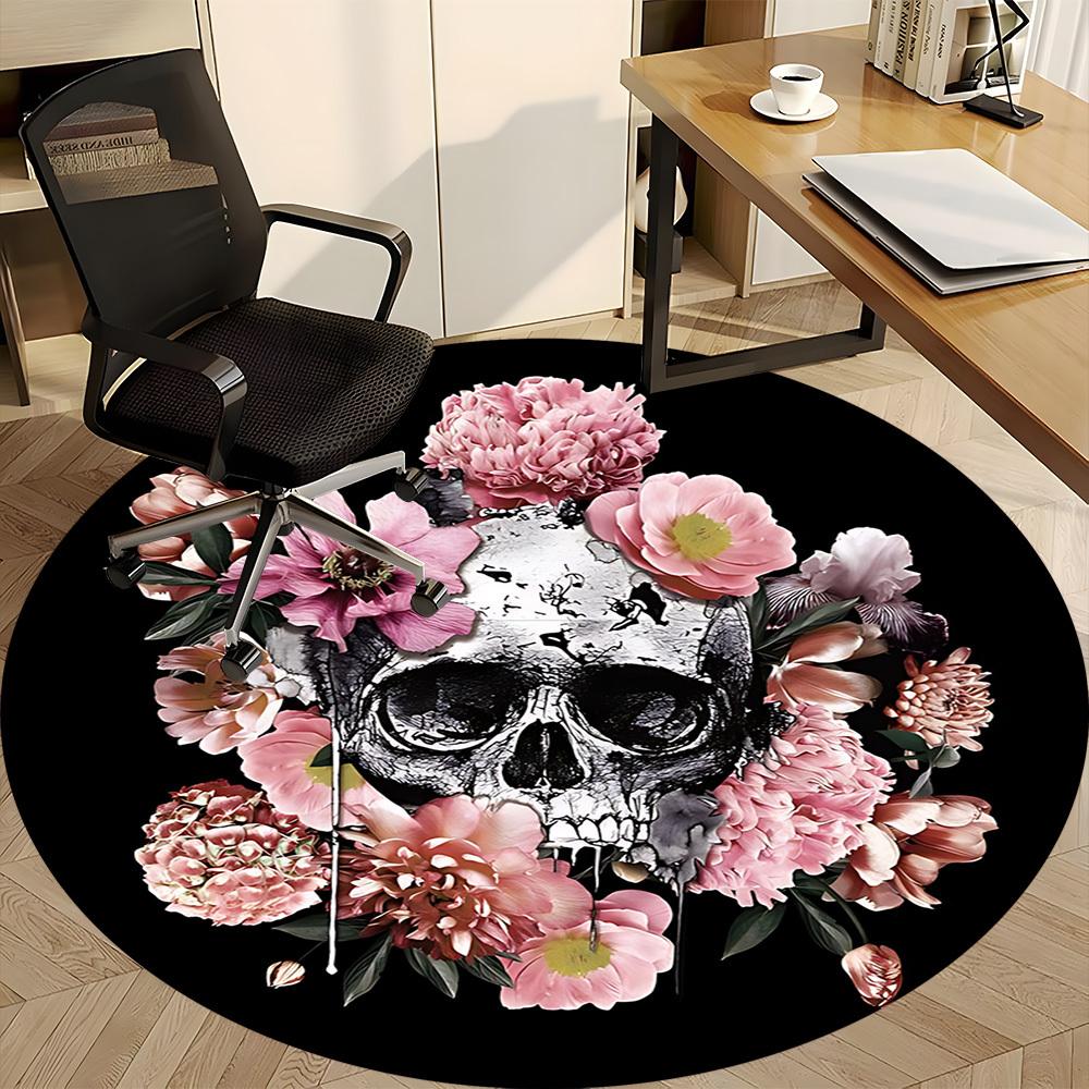 1pc Skull Flowers Office Round Area Rug, Indoor Mat Suitable For Office, Under Office Chairs Bedroom Living Room Home Decor, Room Deco