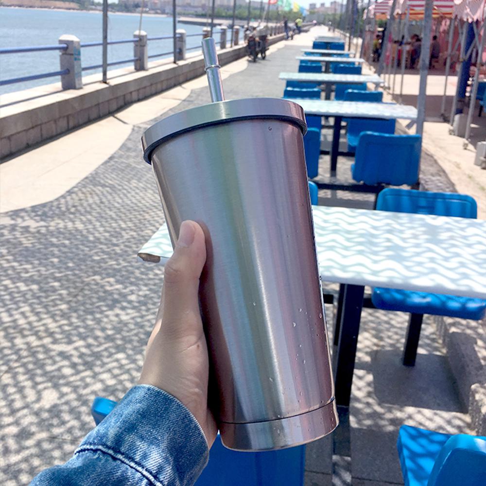 500ml 304 Stainless Steel Cup Hot Cold Drink Vacuum Insulated Flask Straw Lid Set Coffee Mug Portable Travel Tumbler