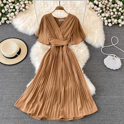Women Elegant Pleated Dress Summer Short Sleeve V-neck Vintage Dresses Ladies A Line High Waisted Midi Dresses