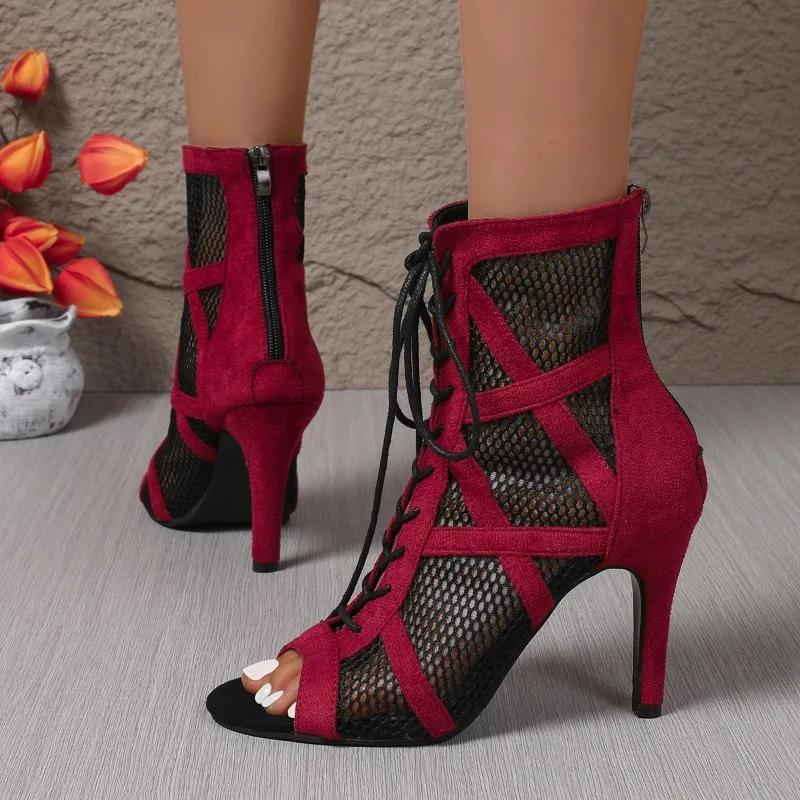 Fashion Mesh Cold Boots Women Summer Cutout Mesh Boots Jazz Dance High Heels Tied Hairband Fish Mouth Sandals Plus Size
