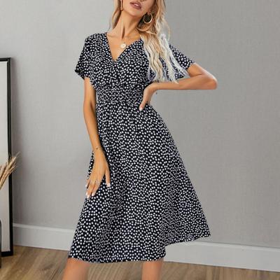 Dame Prikket Chiffon Midi Kjole Kort Ærme V-hals Let Flydende Kjole Boheme Sommer Strand Solkjole med Elastisk Talje