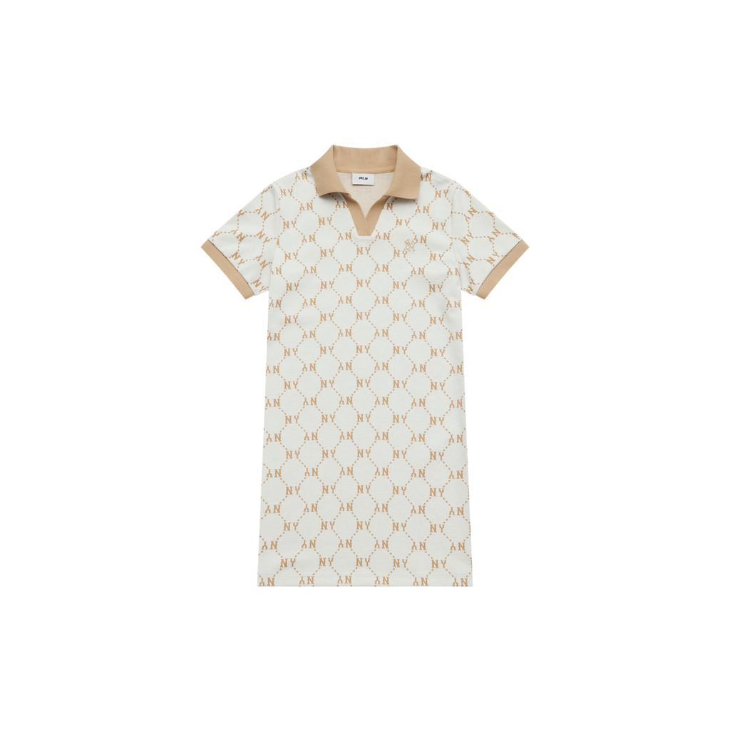 New MLB MONOGRAM Collection New York Yankees SS25 Short Sleeved Dress Women's Ivory White 3FOPM0453-50IVS