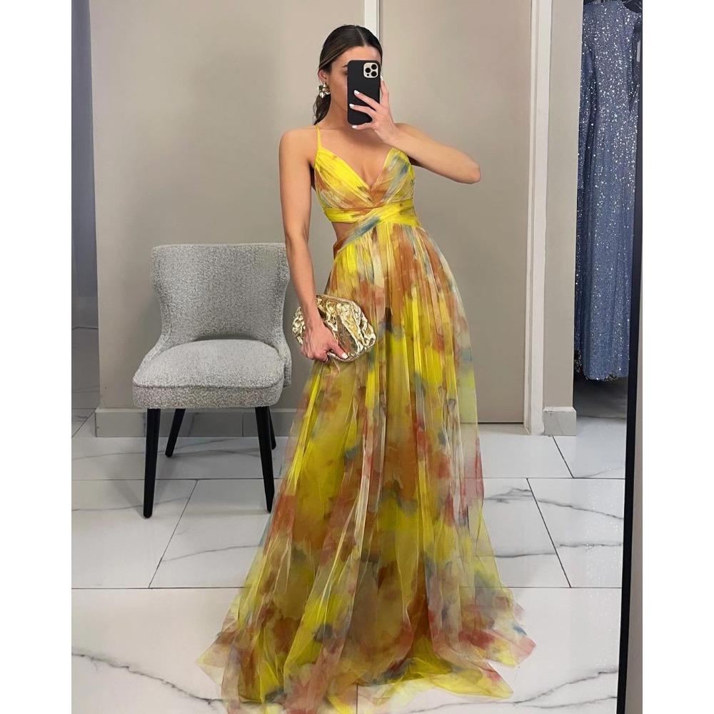 Popular Dress Mesh Printed Suspender Dress INS Vacation Party Dress Summer